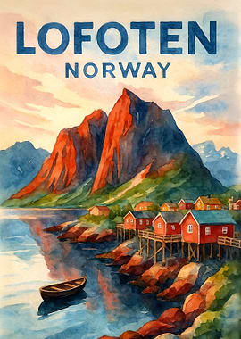 Lofoten Norway Vintage Travel Poster | Watercolor Fjord Village Wall Art