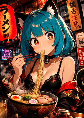 Anime Cat Girl Eating Ramen