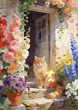 Orange Cat by a Doorway with Flowers