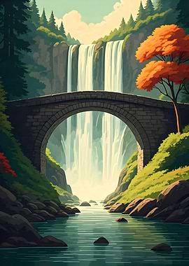 Stone Bridge over a Waterfall Retro Illustration