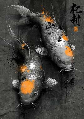 Two Koi Fish with Orange Splashes