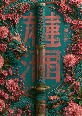 Dragon and Katana with Cherry Blossoms
