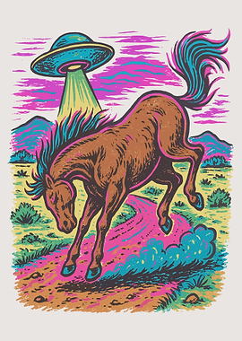UFO Horse Poster, Retro Flying Saucer Wall Art, Surreal Western Sci-Fi Print