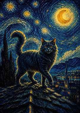Cat on a Rooftop Under Starry Night Sky