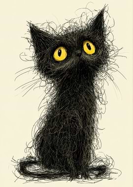 Scruffy Black Cat with Big Yellow Eyes