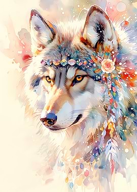 Watercolor Wolf with Bohemian Headdress