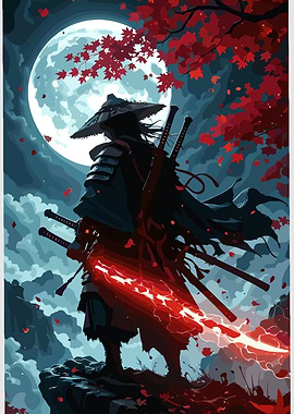 Samurai with glowing sword under the moon