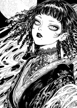 Gothic Anime Woman with Moon