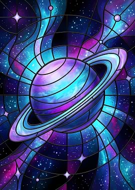 Stained Glass Saturn in Cosmic Nebula