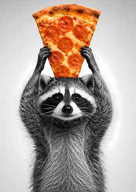 Raccoon holding a slice of pepperoni pizza
