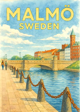 Malmö Sweden Vintage Travel Poster | Watercolor Canal City Wall Art