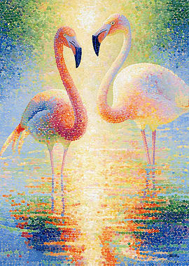 Colorful Pointillism Flamingos – Bright Tropical Animal Wall Art