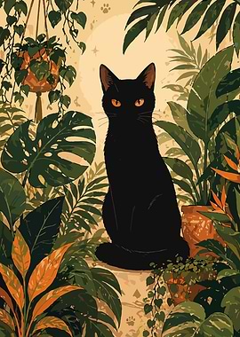 Black Cat in a Lush Jungle Garden