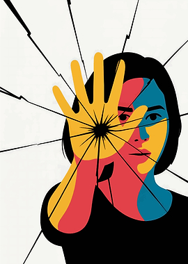 Woman's face behind broken glass