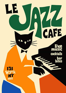 Le Jazz Cafe Cat Playing Piano Poster