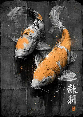 Two Koi Fish in Japanese Art Style