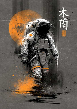 Astronaut Walking Towards Orange Moon
