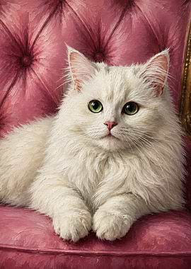 White cat on a pink tufted chair