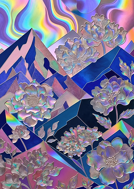 Holographic Floral Mountain Landscape