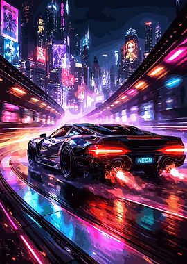 Cyberpunk Car Racing at Night