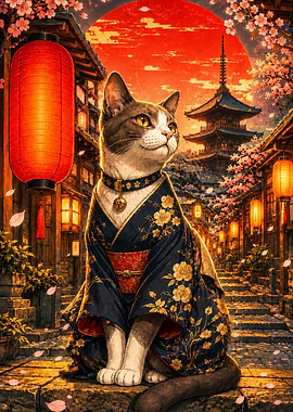 Cat in Kimono in Japanese Tokio Street