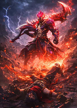 Warrior with fiery sword and defeated foe
