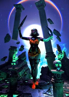 Fantasy Warrior with Daggers and Skulls