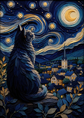 Cat Gazing at Starry Night Village