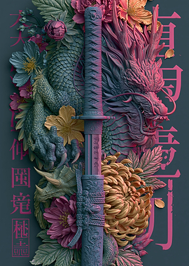 Dragon and Katana with Flowers