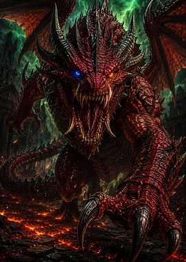Fierce Red Dragon in Fiery Landscape