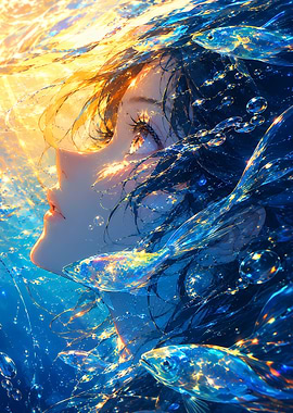 Anime Girl Underwater with Fish
