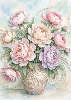Watercolor Peonies in a Swirled Vase