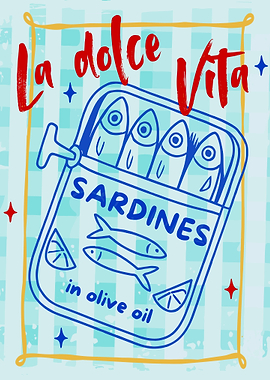 La Dolce Vita Sardines Poster, Italian Kitchen Wall Art, Whimsical Food Illustration Print