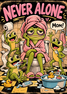 Never Alone Frog Mom Poster, Funny Bathroom Parenting Wall Art, Cute Frog Family Print