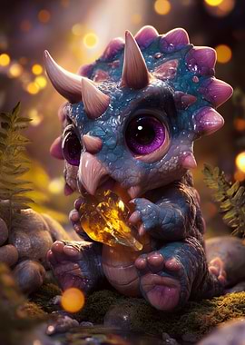 Cute Baby Triceratops Holding Crystal