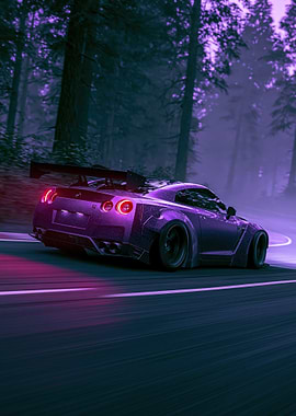Purple Nissan GT-R Drifting in Forest