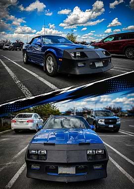 Blue Convertible Camaro in Parking Lot