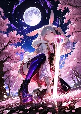 Anime Girl with Glowing Sword Under Moon