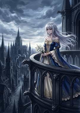 Anime Girl on Balcony with Cityscape
