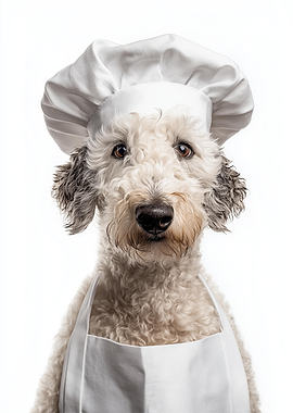Chef Bedlington Terrier Dog in Chef Hat and Apron