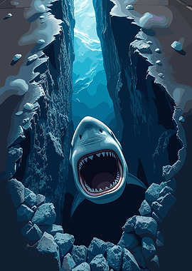 Shark emerging from underwater canyon