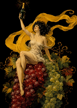 Art Nouveau Woman with Champagne and Grapes