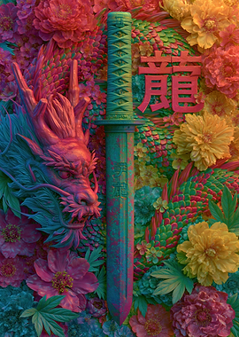 Dragon and Sword with Flowers