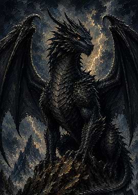 Black Dragon in a Stormy Landscape