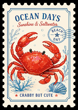 Crabby But Cute Poster, Vintage Crab Beach Art, Ocean Days Summer Wall Print