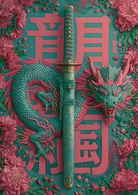 Dragon and Katana with Peonies
