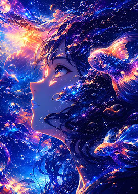 Girl in Cosmic Ocean with Goldfish