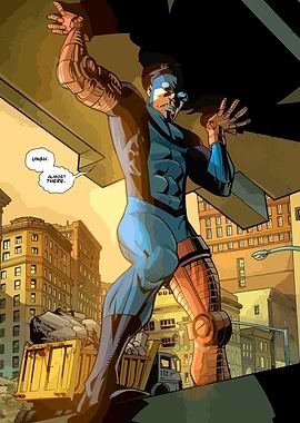 Superhero lifting debris in a city
