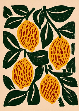 Yellow Lemons on a Branch with Leaves