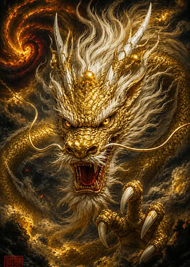 Golden Dragon in Fiery Swirls